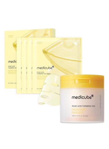 ثنائي حمض الكوجيك النهاري والليلي من ميديكوب: قناع جل ذهبي مضيء بحمض الكوجيك والكركم ووسادة تونر م clarifying بحمض الكوجيك والكركم