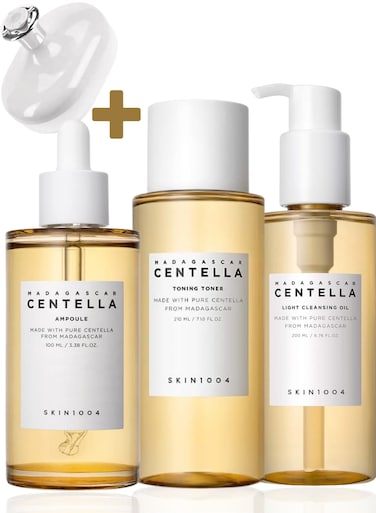 تونر مدغشقر سنتيلا 210 مل، زيت تنظيف 200 مل، أمبول سنتيلا 100 مل وفرشاة وجه   مجموعة العناية بالبشرة الكاملة للتونر والتنظيف والترطيب