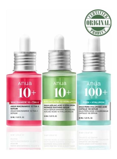Anua Dark Spots, Redness &amp; Barrier Repair Solution &ndash; Anua Niacinamide 10% + TXA 4% Serum, Azelaic Acid Redness Serum &amp; PDRN Hyaluronic Capsule Serum (Pack Of 3) 90ml