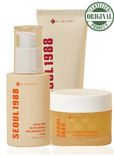 K-Secret Seoul 1988 Brightening Skincare Set &ndash; Glow Serum With Niacinamide 15% &amp; Yuja 30ml, Capsule Cream With Niacinamide 5% &amp; Yuja 50ml, And Cream