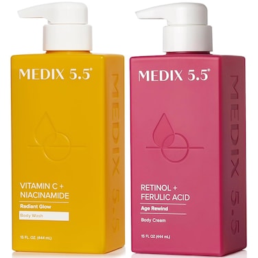 Medix Vitamin C Body Wash + Retinol Body Lotion Crepey Skin Moisturizer 2Pc Set, Anti Aging Retinol Body Cream + Gel Body Cleanser Skincare Set For Women, Men, &amp; Firmer Looking Skin, 2Pc