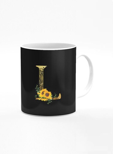 Designer Printed Coffee Mug 11oz Ceramic Personalised Gift Mugs Cup Custom Monogram Initial Letter Mandala Floral Pattern Alphabet L (Black)