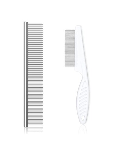 ChicAbode 2 Pcs Cat Comb Dog Comb, Pet Flea Comb, Metal Cat Comb with Stainless Steel Teeth and Lice Comb, Prevents Knots and Mats, for Home Grooming Kit, for Long and Short Hair Pets