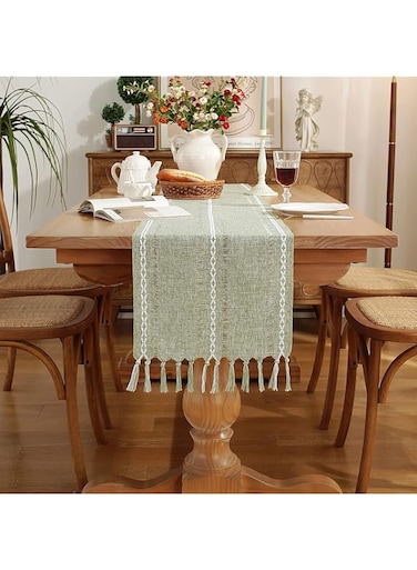 Rustic Farmhouse Style Linen Table Runner, Boho Handmade Fringe Braided Stripe Table Runners Kitchen Table Decoration for Holiday Party Wedding Dining Birthday (Green, 13x108 inch/33x275 cm)