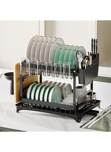 MANYUK Dish Drying Rack for Kitchen Counter, Dish Drainer Organizer with Utensil Holder, Rustproof 2-Tier Drain Board Rack with Cups Holder, Large-Capacity, Black