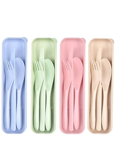 Reusable Travel Utensils Set with Case&iuml;&frac14;&OElig;4 Sets Wheat Straw Reusable Spoon Knife Forks Tableware, Cutlery Set for Lunch Box for Adults Kids