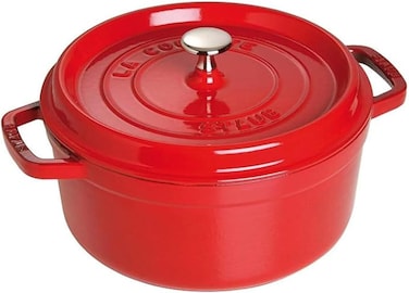 Staub Round Cocotte 26cm Cherry 5.2L Cast Iron Material Matte black inner enamel. Lid with Aroma Rain Structure. Suitable for all types of hobs, incl. induction. Ovensafe. Grill Safe.