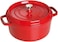 Staub Round Cocotte 26cm Cherry 5.2L Cast Iron Material Matte black inner enamel. Lid with Aroma Rain Structure. Suitable for all types of hobs, incl. induction. Ovensafe. Grill Safe.