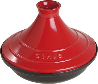 Staub Tajine 28cm Cherry 2L. High quality cast iron. Black matt enamel interior.Conical Ceramic Lid. Moroccan Cooking. Suitable for all hob types, incl. induction. Oversafe 260&deg; C. Made in France.