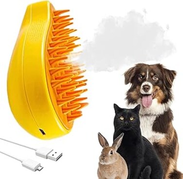 OZORI Cat Steam Brush, Pet Hair Removal Comb, Cat Steamy Brush for Massage, 3 In1 Spray Cat Brush, Multifunctional Rechargeable Silicone Dog Hair Brush, for Removing Tangled and Loose Hair (Yellow)