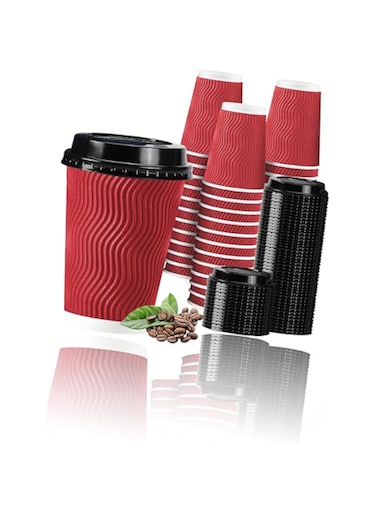 Red 12 oz Disposable Coffee Cups with Lids - 50 Pack, Ideal for Parties, Events, and Daily Use - Paper Hot Cups, Convenient Throwaway Design