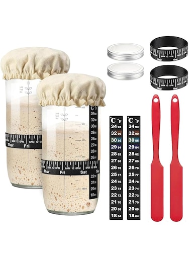 Proxima Direct 2 Pack Sourdough Starter Jar Kit 24oz Glass Sourdough Bread Baking Supplies Include Heat Resistant Glass Container, Cloth Cover, Metal Lid,Thermometer, Date Band &amp; Silicone Spatula