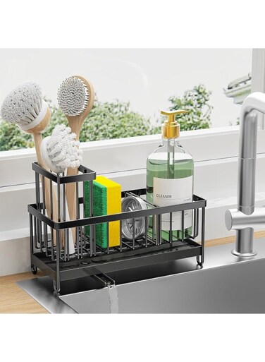 Holder for Kitchen Sink, Sink Caddy with High Brush Holder, Organzier Rustproof 304 Stainless Steel Dish Organizer Divider, Soap Dispenser Storage
