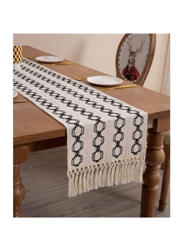 TERRIFI Farmhouse Table Runners 72 Inches Long Braided Stripe Boho Design,Black and White with Tassels - Perfect for Dining, Coffee, and End Tables (13x72)