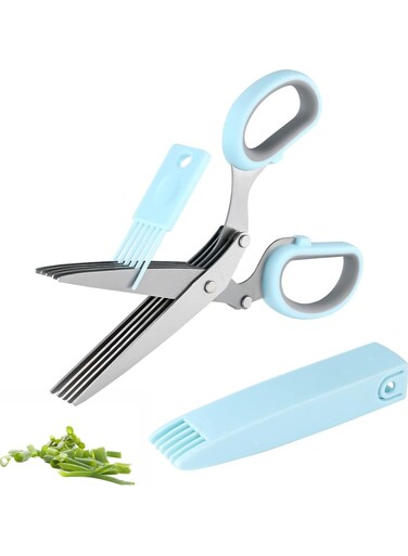 Gourmet Herb Scissors Set - Master Culinary Multipurpose Cutting Shears with Stainless Steel 5 Blades, Safety Cover and Cleaning Comb for Cutting Cilantro Onion Salad (Blue)
