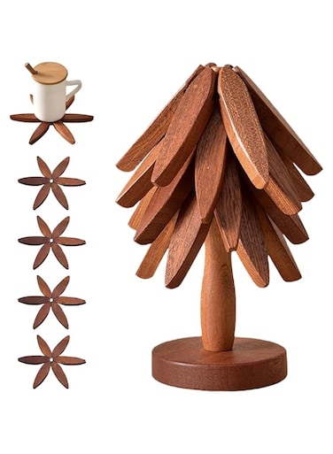 OFCTE Wooden Trivets for Hot Dishes， Tree Shape Trivet Set,Trivets for Hot Dishes - 4 Wooden Trivets + 1 Stand stored Like a Christmas Tree (Walnut Wood)