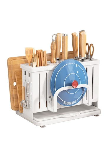 Multifunctional Knife Holder, 5 in 1 Pot Pan Lid Organizer Cutting Board Rack Cutlery Cutting Board Integrated Shelf Kitchen Organizer Rack for Cabinet and Countertop (Gray)
