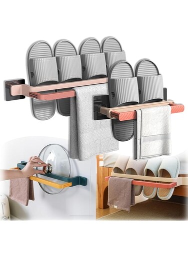 Azonee 2 Pcs No-Hole Installation Foldable Slippers Rack - Hanging Shoe Rack Organizers, Wall Mounted Plastic Shoes Hanger, Double Layer Drain Storage Rack Hanging Shoes Shelf Holder (53CM+26.5CM)