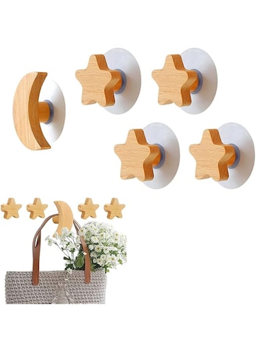 TERRIFI Wood Hooks Self Adhesive, Natural Wooden Wall Hooks, Moon Star Shape Wooden Short Sleeve,Shirt Suit, Hats Hanging Rack (Beech Wood, 5PCS)