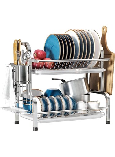 Dish Drying Rack, Stainless Steel 2 Tier Dish Rack with Drain Board, Utensil Holder, Cutting Board Holder, Non-Rust Dish Drainers for Kitchen Countertop Cup Holder, Cutlery Rack