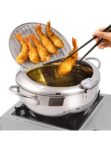 Deep Fryer Pot, 3.4L Japanese Tempura Deep Fryer Pot, 304 Stainless Steel Frying Pot With Thermometer, Lid, and Oil Drip Drainer Rack - Ideal for Kitchen French Fries, Chicken, Fish, and Shrimp