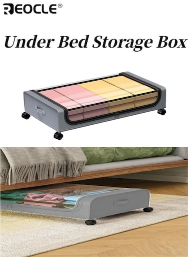 Under Bed Storage Box with Curved Bottom and Wheel Design Fabric Covered Organizer with Dust Prevention for Bedroom Closet Space Saving
