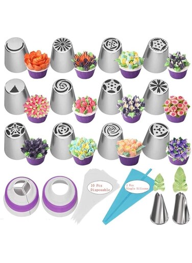 MAKINGTEC 27pcs Russian Piping Tips Baking Supplies Set Cake Decorating Tips for Cupcake Cookies Birthday Party, 12 Icing Tips, 2 Leaf Piping Tips, 2 Couplers, 10 Pastry Baking Bags