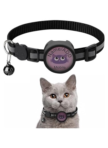 [Upgrade]Reflective Cat Collar with Bell, Breakaway Cat Collar, Air-tag Cat Collar with Air-Tag Holder Can Write Name and Mobiel Number (Black)