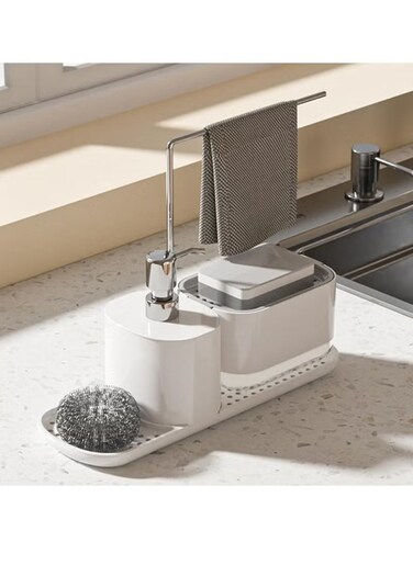 Kitchen Soap Dispenser Set with Tray and Dishcloth Holder, Dish Soap Dispenser for Kitchen Sink Countertop Storage with Holder, Kitchen Soap Tray Kitchen Gadgets (white)