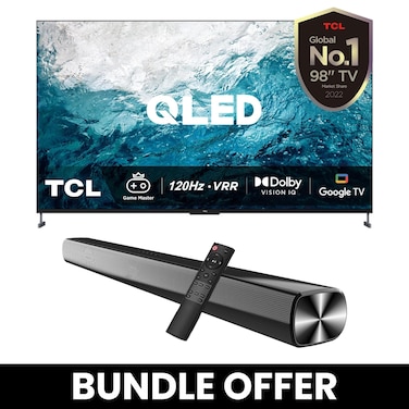 TCL 98-Inch 4K QLED TV &amp;amp; Soundbar Bundle &amp;ndash; HDR 10, Dolby Vision IQ, Atmos, 120Hz MEMC   Immersive 2-Channel Sound, USB, HDMI, Bluetooth &amp;amp; More - 98C735+SOUNDBAR