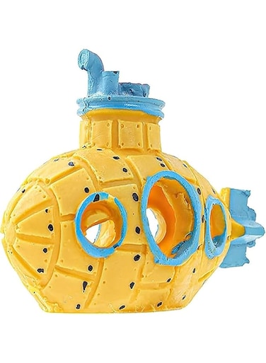 ALMEKAQUZ Yellow Aquarium Decoration,Fish Tank Decoration,Submarine Style Aquarium Bubble Maker,Artificial Fish Tank Decorations,Resin Broken Barrel Cave Decor for Fish Tank,Underwater Landscape Decor