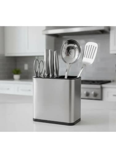 Professional Stainless Steel 2-in-1 Universal Knife Block &amp; Utensil Holder &acirc;&euro;&ldquo; Multi-Slot Safe Storage Organizer (196&Atilde;&mdash;118&Atilde;&mdash;201 mm)