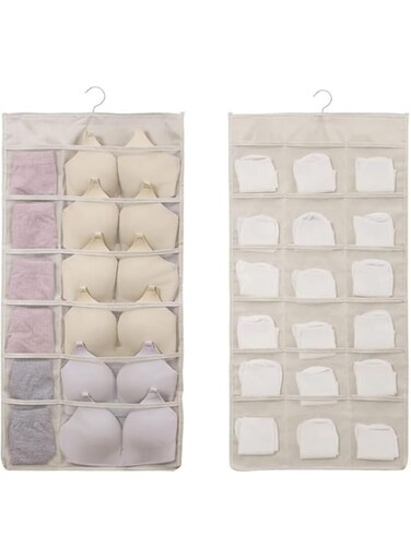 Double Sided Hanging Closet Dual-Sided Hanging Organizer with Mesh Pockets Wall Shelf Wardrobe Organizers Storage Bags for Bras Underwear Socks (12+18 Pocket, Yellow)