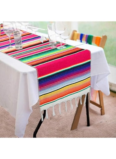 MAKINGTEC Mexican Table Runner, 1Pcs 14 x 84 Inch Mexican Party Table Blanket, Mexican Serape Table Runner, Striped Runner Fringe Cotton Table Runner Decoration, for Mexican Party Wedding Decorations