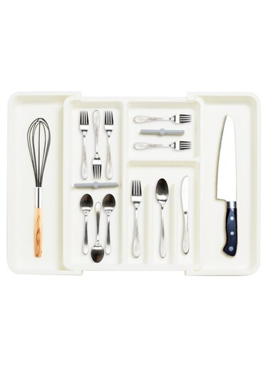 Expandable Silverware Organizer for Drawers, Adjustable Cutlery Tray with Customizable Dividers, Large Capacity Utensil Holder for Forks Spoons Knives, Kitchen &amp; Home Storage Organizer (White)