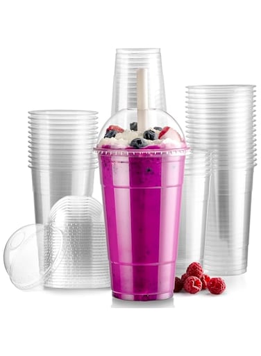Tazweeq 100 Pack 24 oz Disposable Plastic Coffee Cups with Dome Lids, To Go Iced Coffee Cups with Lids, BPA Free Clear Cups for Party, Smoothie, Juice, Milkshake