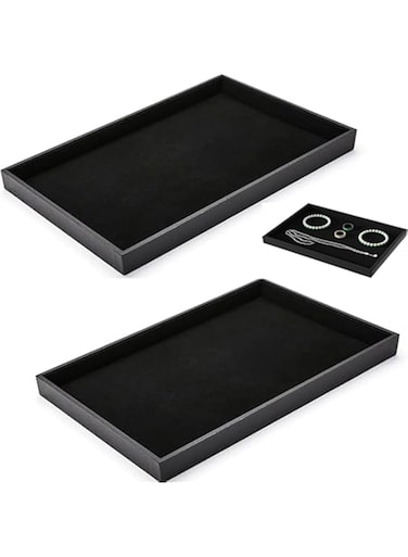 Sagreeny 2Pcs Black Velvet Stackable Jewelry Tray Showcase Display Earring Necklace Bracelet Rings Organizer, Stackable Necklace Bracelet Ring Showcase Empty Plate