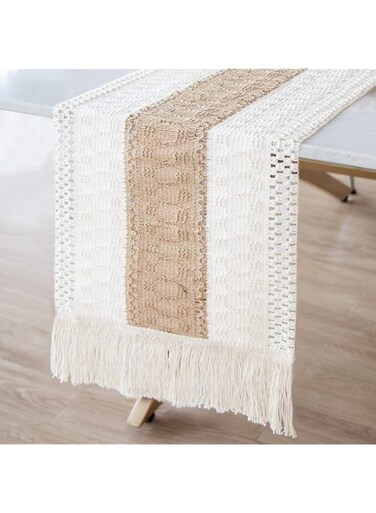 NCO Macrame Table Runners Natural Burlap Table Runner, Splicing Cotton Boho Table Runner with Tassels for Bohemian Wedding Bridal Shower Rustic Home Farmhouse Dining Table Decor, 12 x 72 Inch