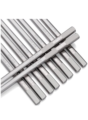 Steel Chopsticks, Silver Metal Reusable Chopsticks, Dishwasher Safe Metal Chopsticks Square Lightweight Chop Non-slip Sticks, Gift Set 5 Pairs