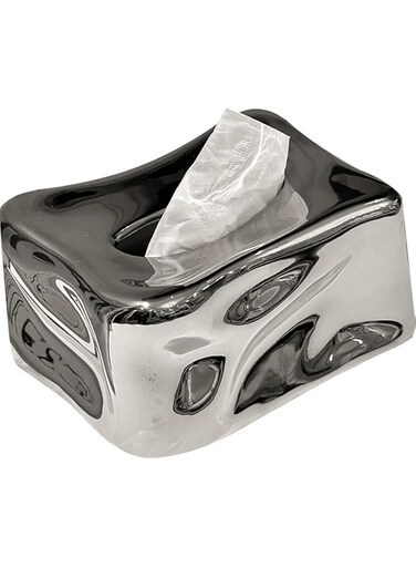 Tazweeq Ceramic Paper Towel Box, Ice Cube Feeling Box,Stylish Household Napkin Drawing Facial Tissue Case Dispenser for Home Office Bathroom and Car（Silver）