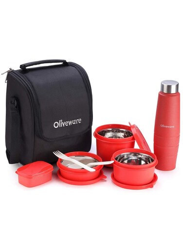 Teso Lunch Box with Plastic Cutlery, 3 Microwave Safe Inner Steel Containers with BPA free Airtight Lids(290ml, 450ml &amp; 600ml), Plastic Pickle Box (130ml), Steel Water Bottle(750ml) -