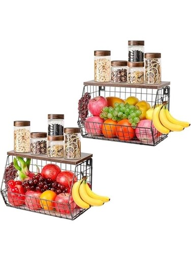 Fruit Basket for Kitchen, Metal Fruit Vegetable Storage Bin with 2 Banana Hangers, Countertop Wire Basket Organizer for Fruit Snack Potato Onion, Wall Mounted or Stand (Black, 2 Pack)