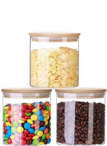 Set of 3 - 500 ML Borosilicate Glass Food Storage Jar With Bamboo Lid , Stackable storage jars for Candy Cookie Rice Sugar Flour Pasta Nuts