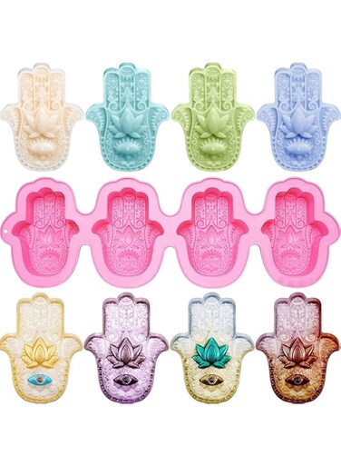 Merin Silicone Soap Molds, 4 Cavities Hand of Fatima Silicone Molds, for Making Silicone for Fatima Palm Amulet Casting Crafts, Loaf Soap Molds Candle Mold for DIY Soap Candle Making Pink
