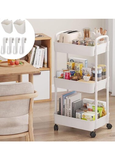 3-Tier Rolling Utility Cart with Wheels Detachable Utility Storage Cart Rack with Handle and Lockable Casters Multi-Functional Storage Trolley for Office Kitchen Bathroom (White 3-Tier)