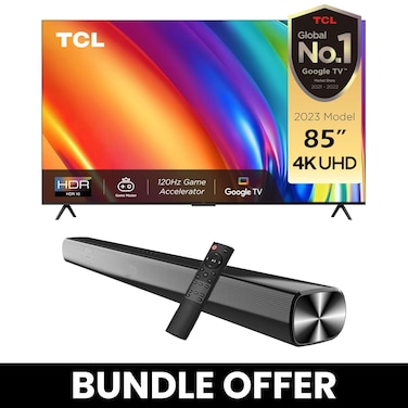 TCL 85-Inch 4K UHD TV &amp; Soundbar Bundle Dolby Vision, HDR10, AiPQ Engine 3.0, 120Hz Game Accelerator Immersive 2-Channel Sound, USB, HDMI, Bluetooth &amp; More - 85P745+SOUNDBAR