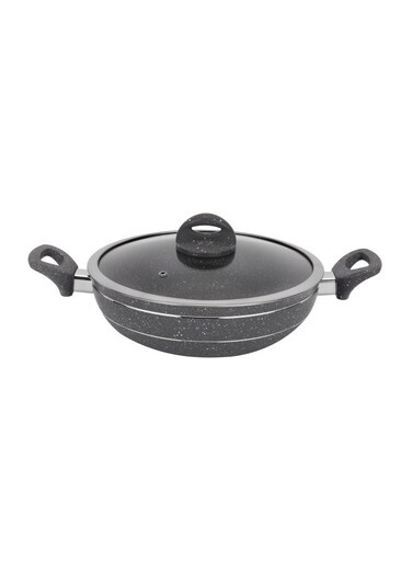 Smart Granite Series 28 CM Forged Aluminum Wok Pan with Glass Lid and Soft Touch Handles - RF11967, Induction Compatible, Perfect for Deep and Shallow Frying