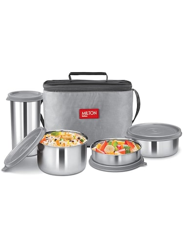 MILTON Lunch Box with Bag, Set of 4, (3 Food Containers - 200 ml, 320 ml, 500 ml &amp; 1 Tumbler - 380 ml), Stainless Steel Leak-Proof Tiffin for Kids, School, Office لانش بوكس - Delicious Combo - Grey