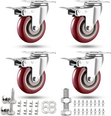 ABSLIMUS 3 Inch Heavy Duty Casters, Lockable Bearing Caster Wheels With Brake, Swivel Casters For Furniture And Workbench, Set Of 4, Load 1300LBS (Free Screws And A Spanner)