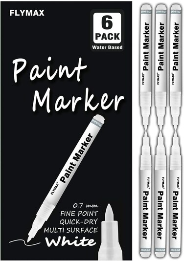 FLYMAX White Paint Pen, 6 Pack 0.7mm Acrylic Permanent Marker - Very Fine Point, Opaque Ink For Wood, Rock, Plastic, Leather, Glass, Stone, Metal, Canvas, Ceramic